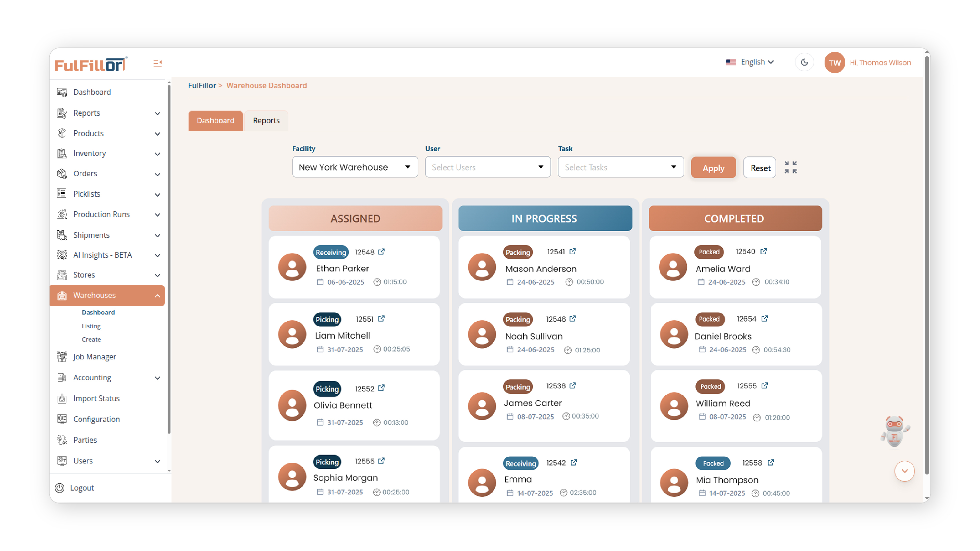 Fulfillor Warehouse Dashboard